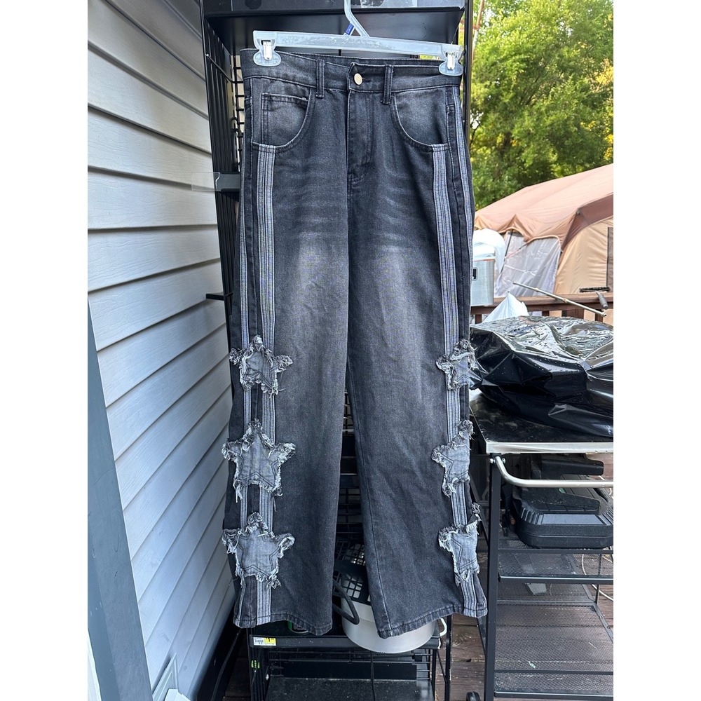 Fashion Jeans Washed Black Star Patch Wide Leg Streetwear Denim XS